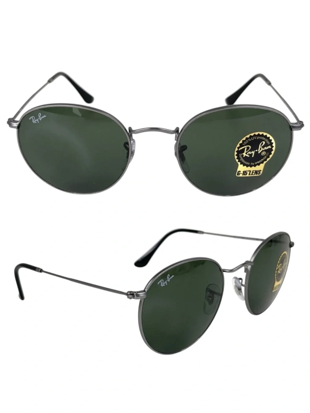 RAY BAN Icons 53mm Retro Round Metal Sunglasses NEW Matte Gunmetal Crystal Green